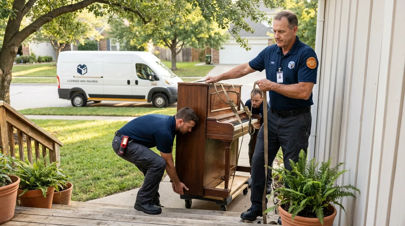 Licensed piano movers securing grand piano in Sound Beach, NY