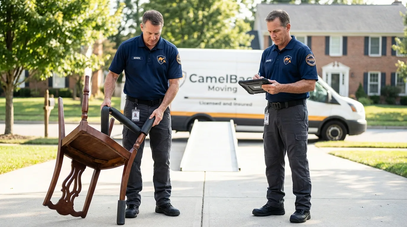 Movers inspecting furniture for damage prevention before loading in Sound Beach, NY
