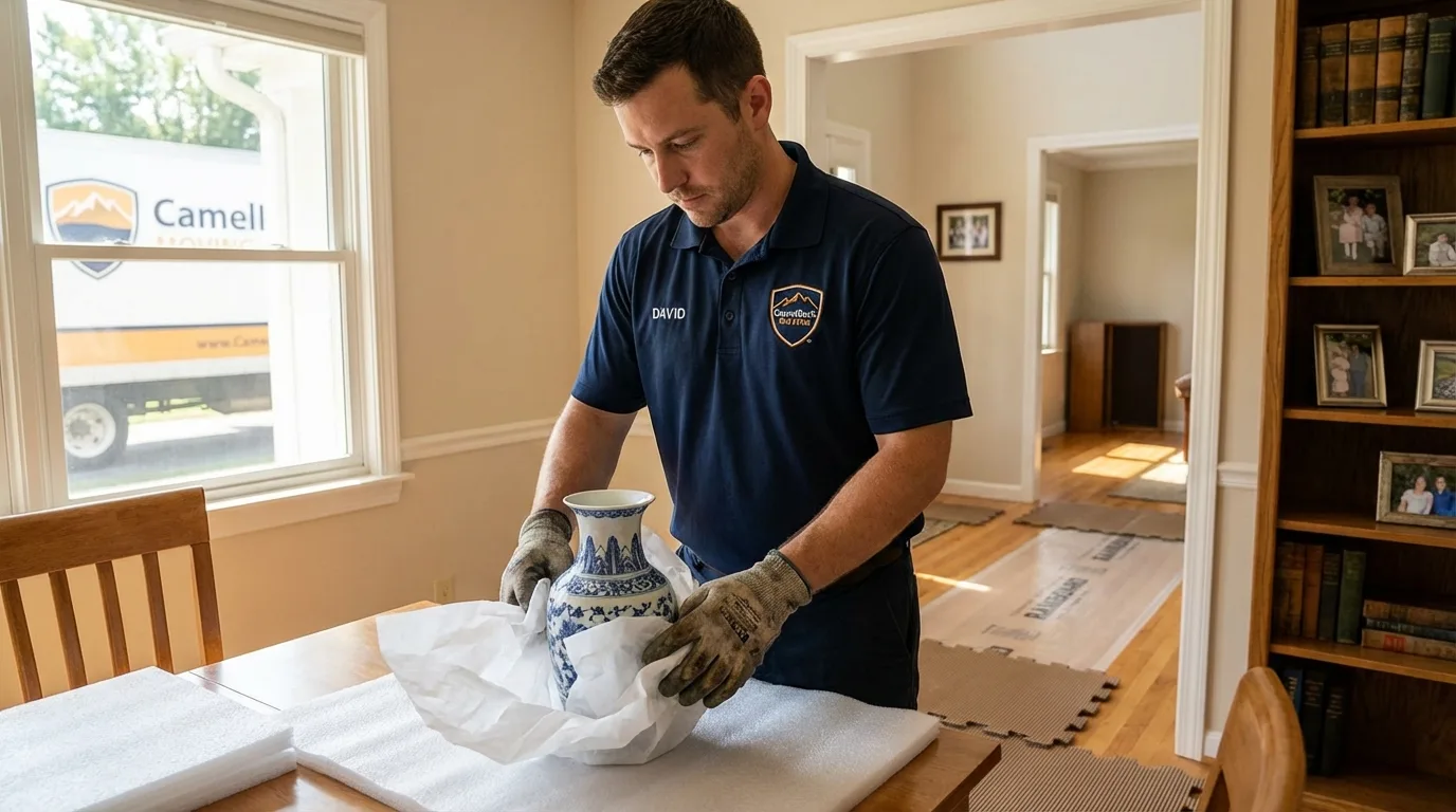 Professional crew carefully wrapping antique vase for senior downsizing move in Sound Beach, NY