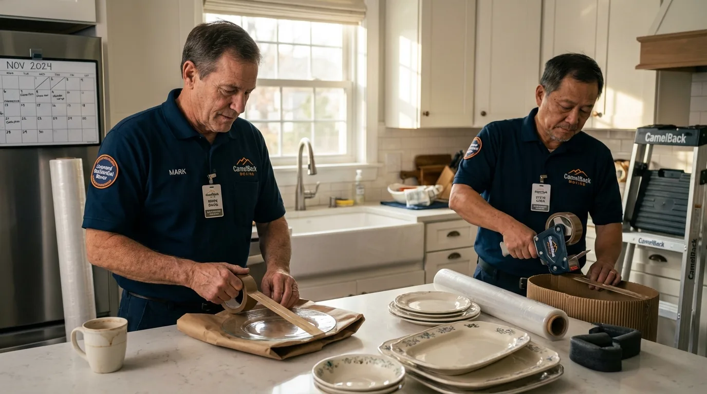 Professional crew packing kitchen dishware in Sound Beach, NY